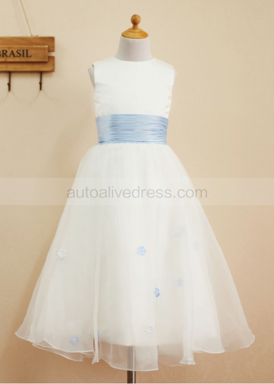 Ivory Satin Organza Flower Decorated Tea Length Flower Girl Dress